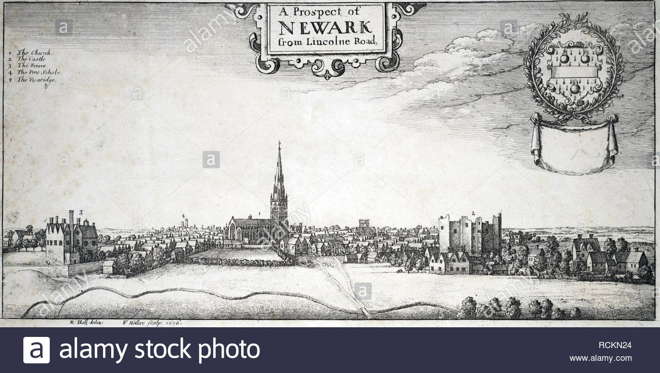 Newark-on-Trent, England, etching by Bohemian etcher Wenceslaus Hollar from 1676 Stock Photo