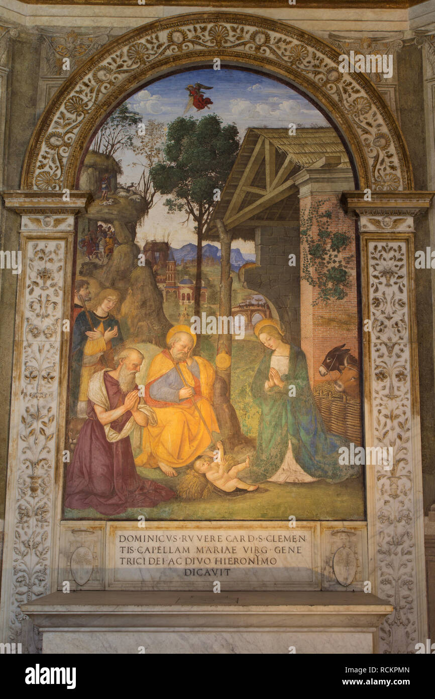 The Adoration of the Child with St. Jerome - Nativity (by Pinturicchio, 1490) - Della Rovere Chapel, Santa Maria del Popolo - Rome Stock Photo