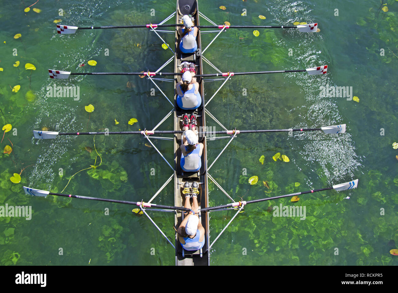 Four Womens rowing team on blue lake, Aerial view Stock Photo