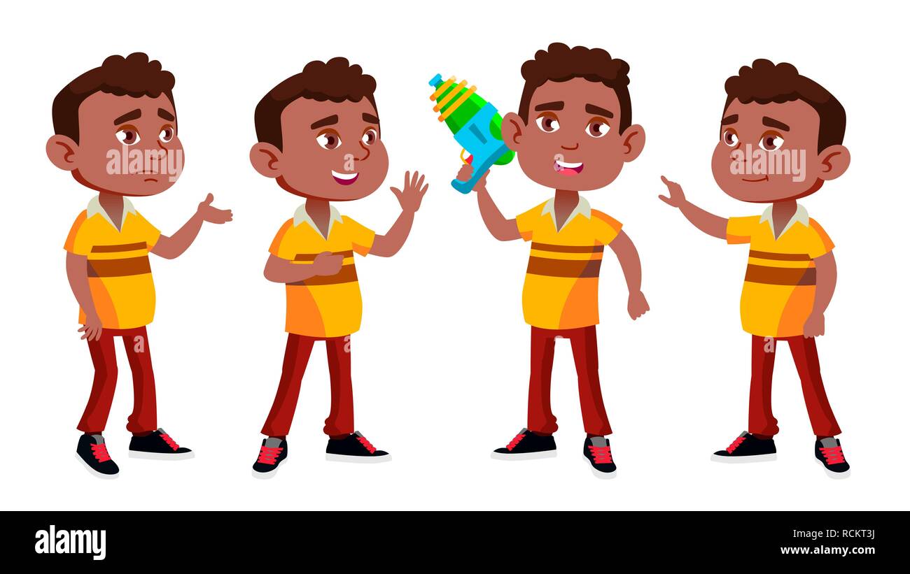 Black, Afro American Boy Kindergarten Kid Poses Set Vector. Preschool ...