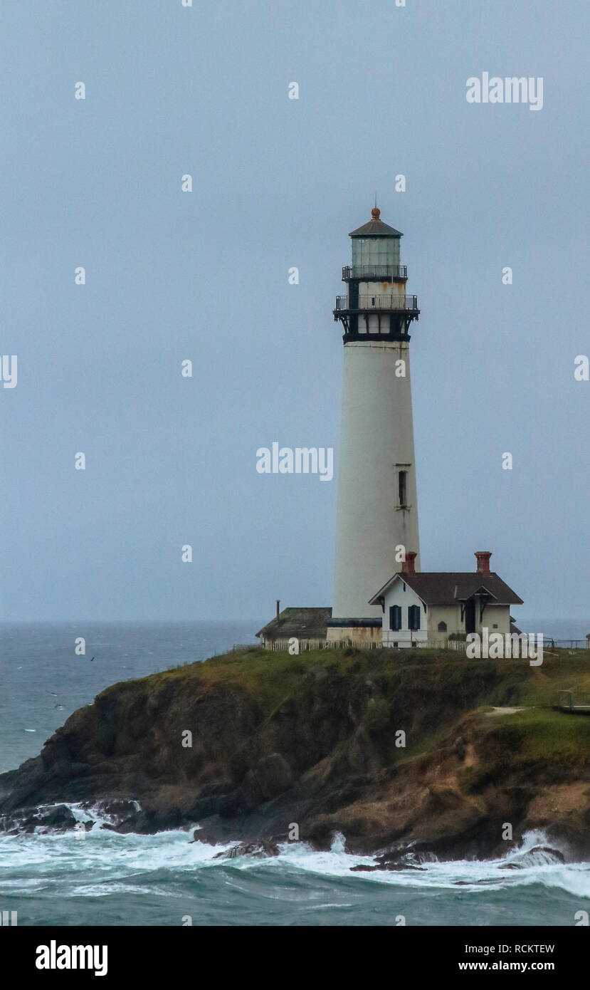 Pigeon Point Lighthouse in Pescadero, California in on an overcast foggy winter day Stock Photo