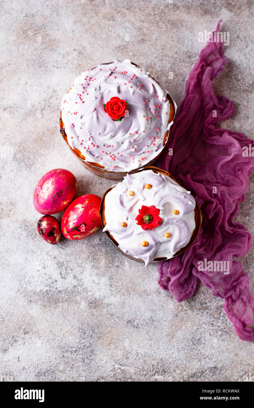 Traditional Easter cake with painted eggs Stock Photo