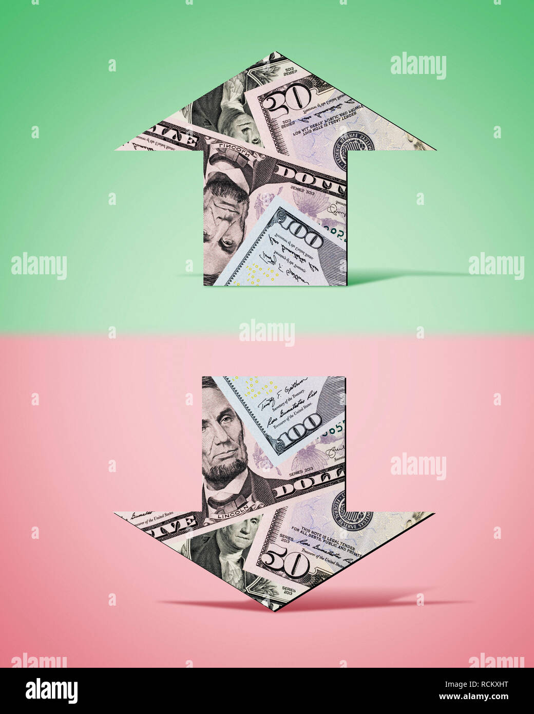 US dollar banknotes in shape of upwards and downwards arrows, computer generated image, pink and green background Stock Photo