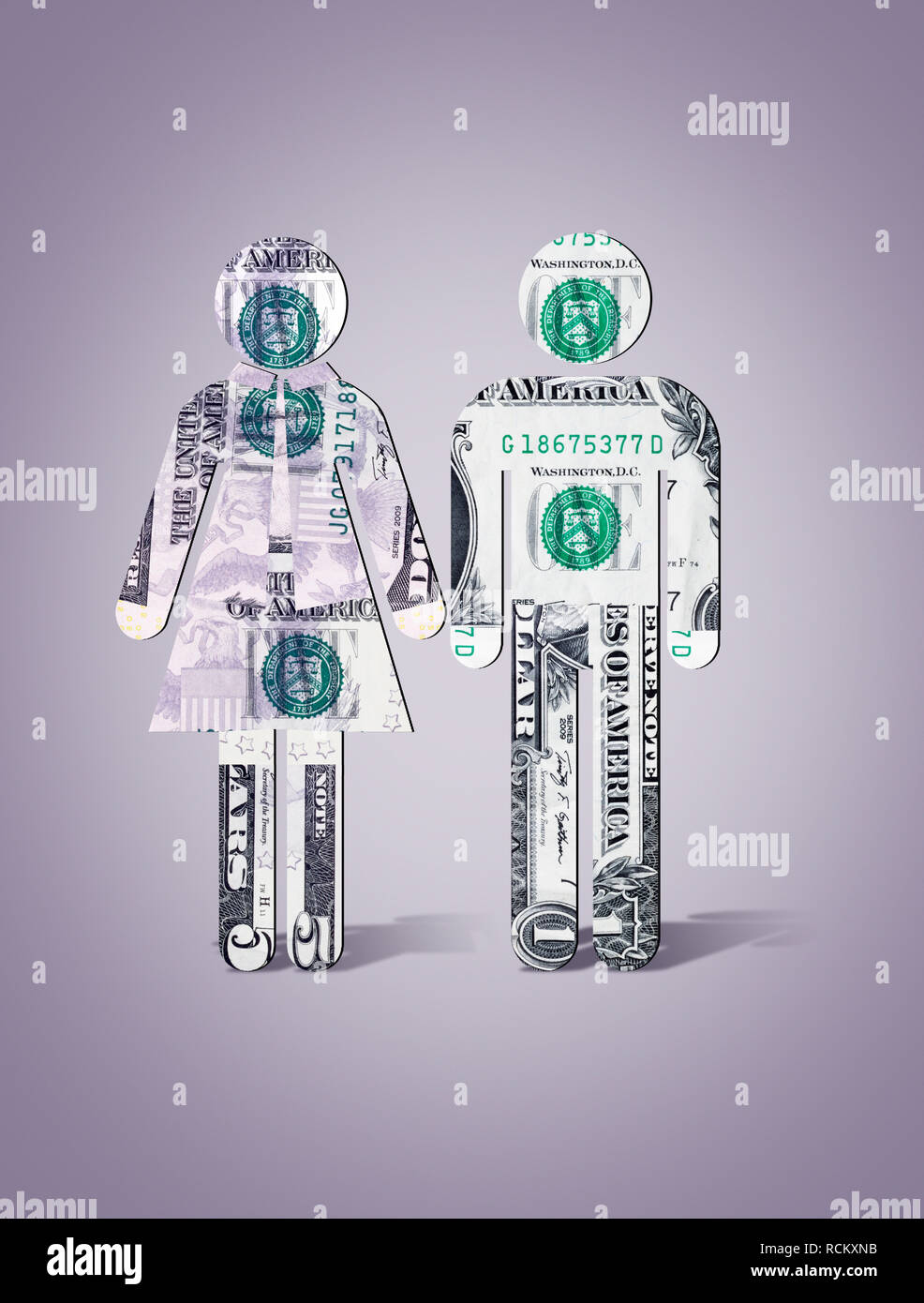 US dollar banknotes in shape of man and woman standing side by side, computer generated image, grey background Stock Photo