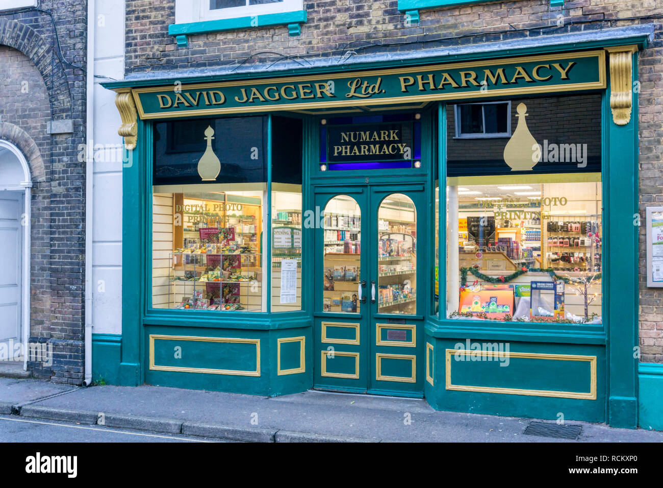 Traditional shop front of David Jagger Pharmacy in Wells-next-the-Sea, Norfolk. Stock Photo