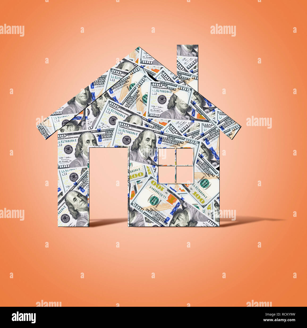 US dollar banknotes in shape of house, computer generated image, orange colour background Stock Photo