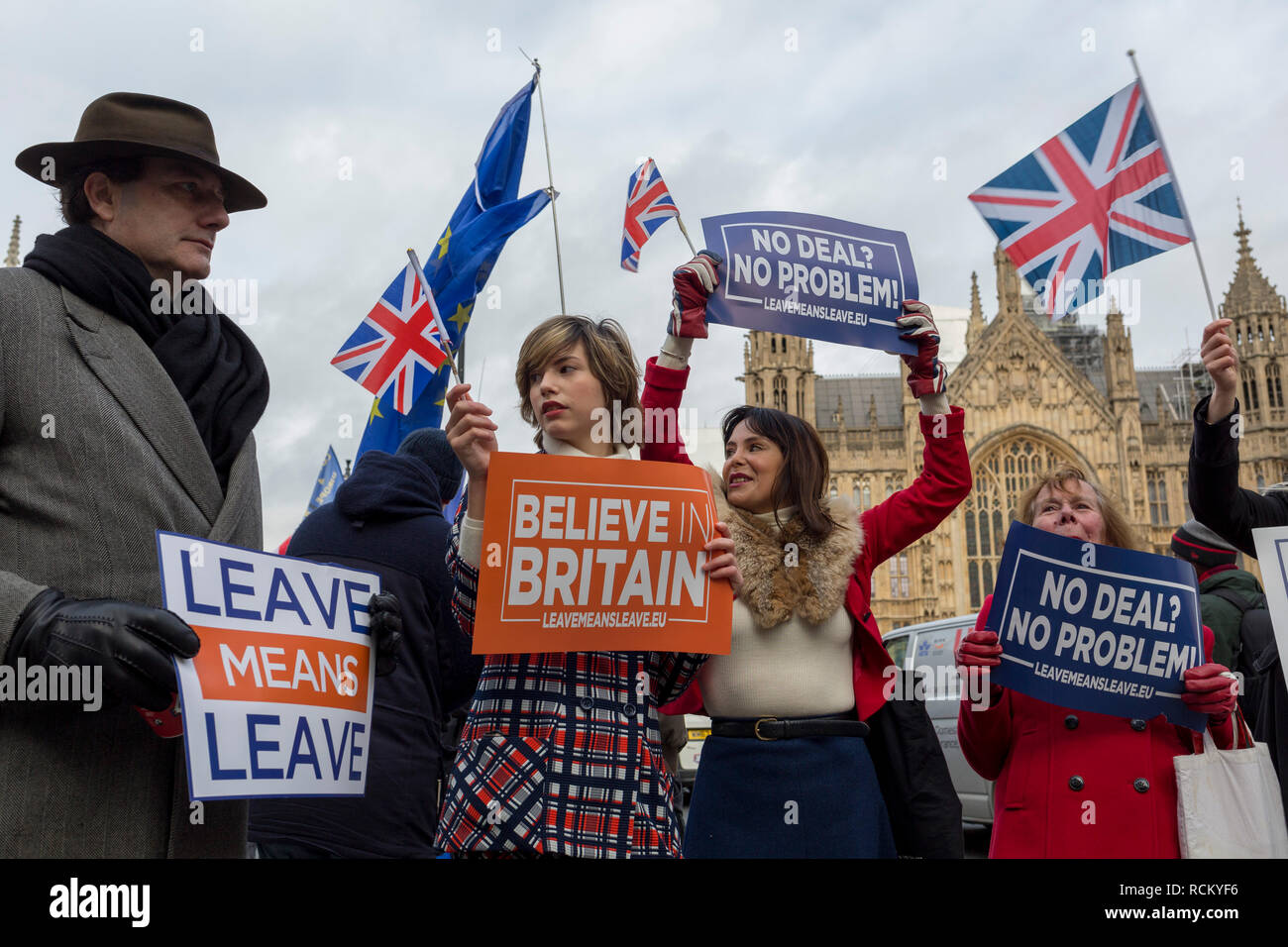 On the day that Prime Minister Theresa May's Meaningful Brexit vote is taken in the UK Parliament, Leave supporters protest opposite the House of Commons, on 15th January 2019, in Westminster, London, England. Stock Photo