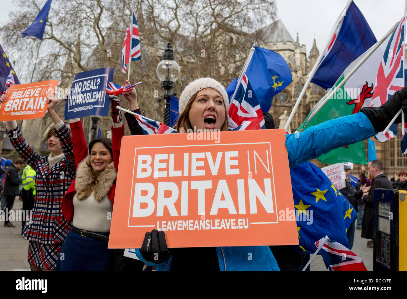 On the day that Prime Minister Theresa May's Meaningful Brexit vote is taken in the UK Parliament, Leave supporters protest opposite the House of Commons, on 15th January 2019, in Westminster, London, England. Stock Photo