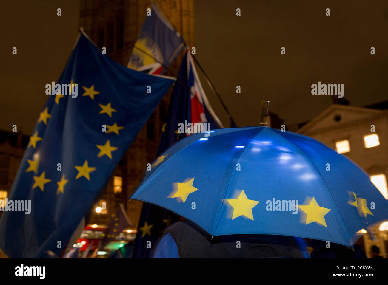 Remain protesters (pro-EU) gather outside the UK parliament Westminster before the result of MPs' Meaningfull Brexit vote which eventually brought about a massive defeat for Prime Minister Theresa May's Conservative government, on 15th January 2019, in Westminster, London, England. Stock Photo