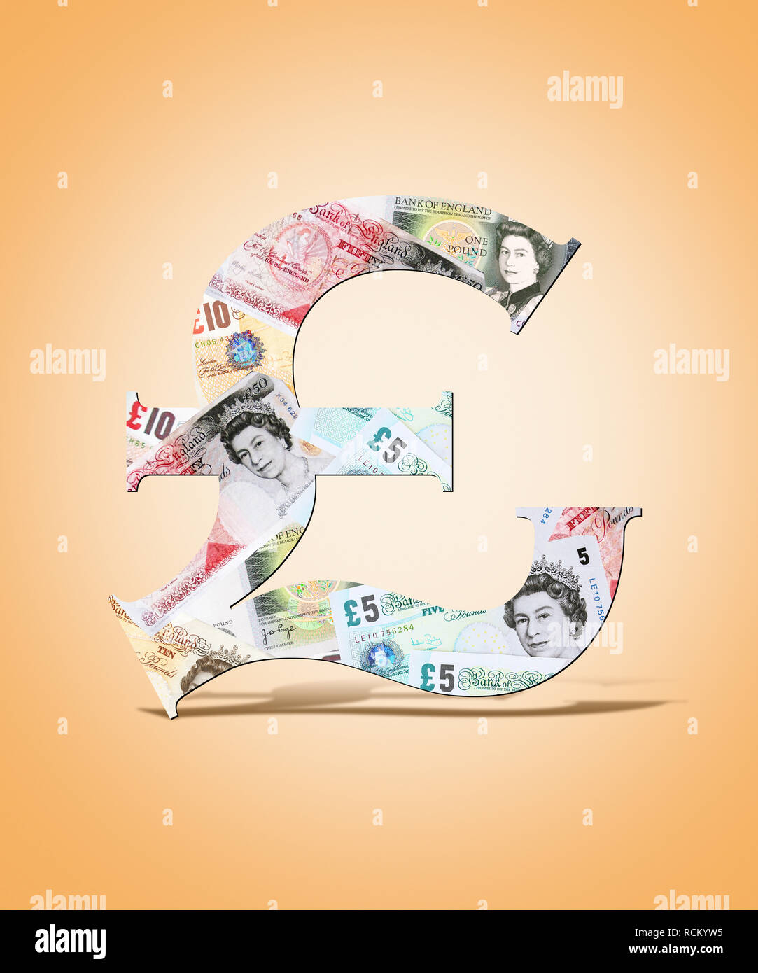 GBP banknote in shape of pound sign, computer generated image, peach colour background Stock Photo