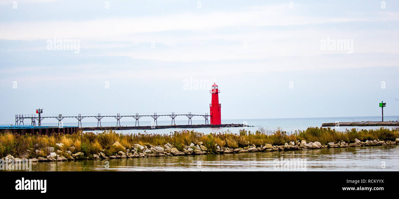 Algoma, Wi. lighthouse on Lake Michigan on a cloudy day Stock Photo