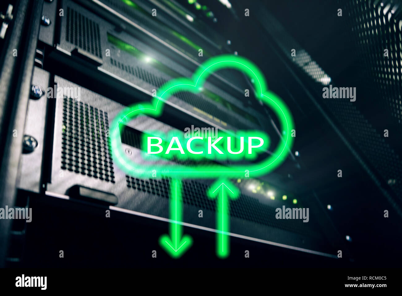 Backup button on modern server room background. Data loss prevention ...