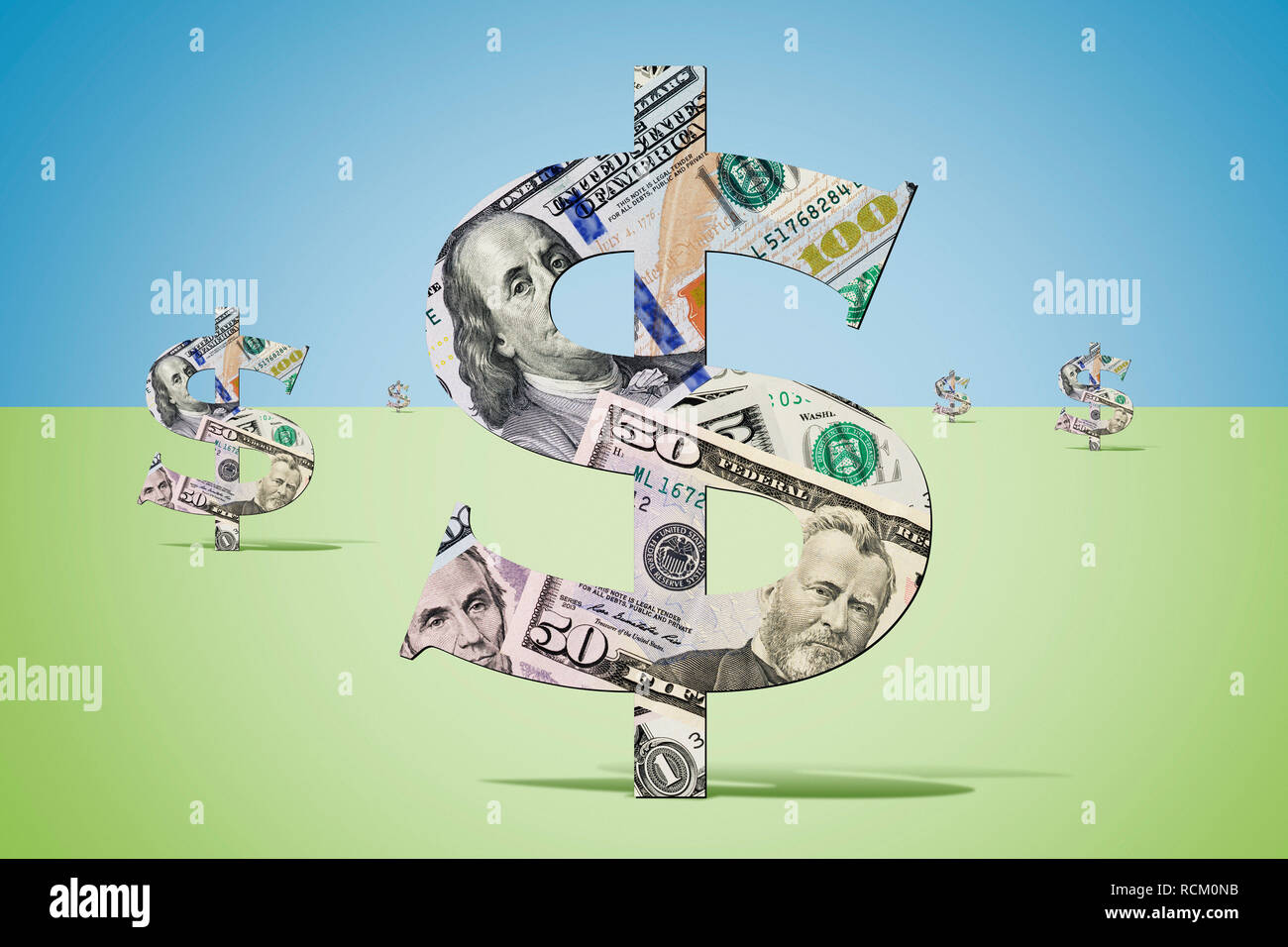 Dollar signs made from US notes growing in field underneath blue sky, computer generated image Stock Photo