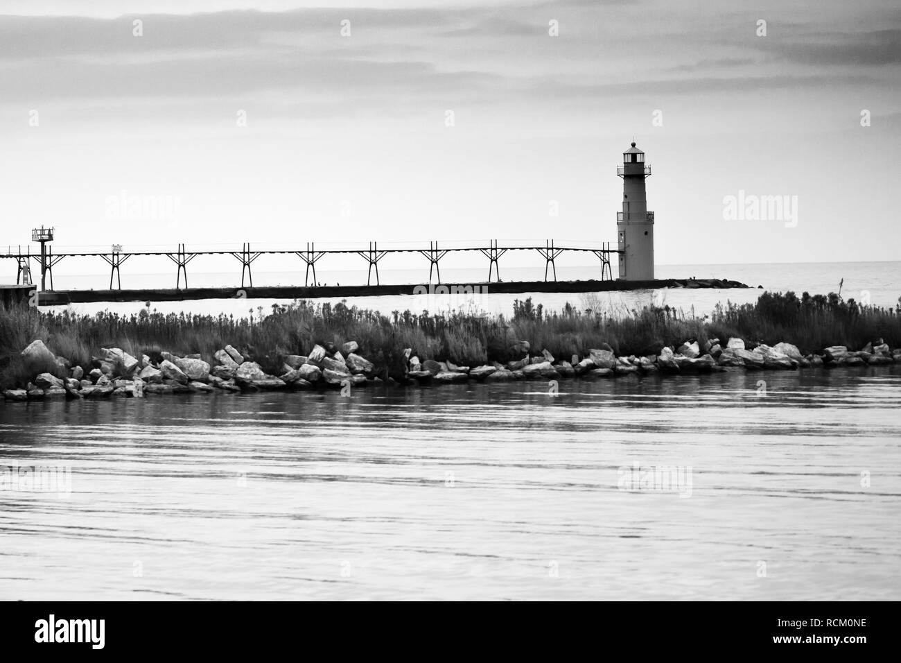 Algoma lighthouse in Algoma, Wisconsin in black and white Stock Photo