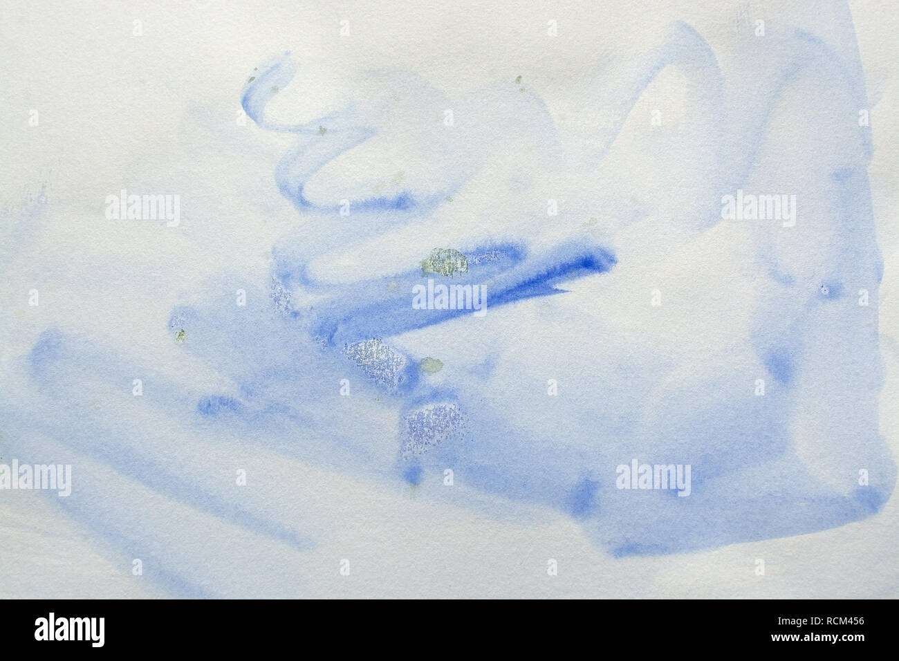 Blue watercolor strokes background texture wet fresh flow drops on paper. Stock Photo