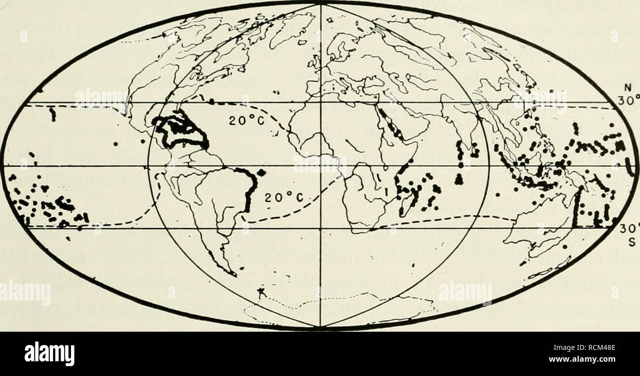 . Elements of ecology. Ecology. Calcium Carbonate 275. Fig. 7.12. World distribution of coral reefs (Ekman, 1953, after Schott) in rela- tion to the 20° C isotherm for the coldest month in the year. (Hutchins and Scharff, 1947, in the /. of Marine Research.). Please note that these images are extracted from scanned page images that may have been digitally enhanced for readability - coloration and appearance of these illustrations may not perfectly resemble the original work.. Clarke, George L. (George Leonard), 1905-. New York, Wiley Stock Photo