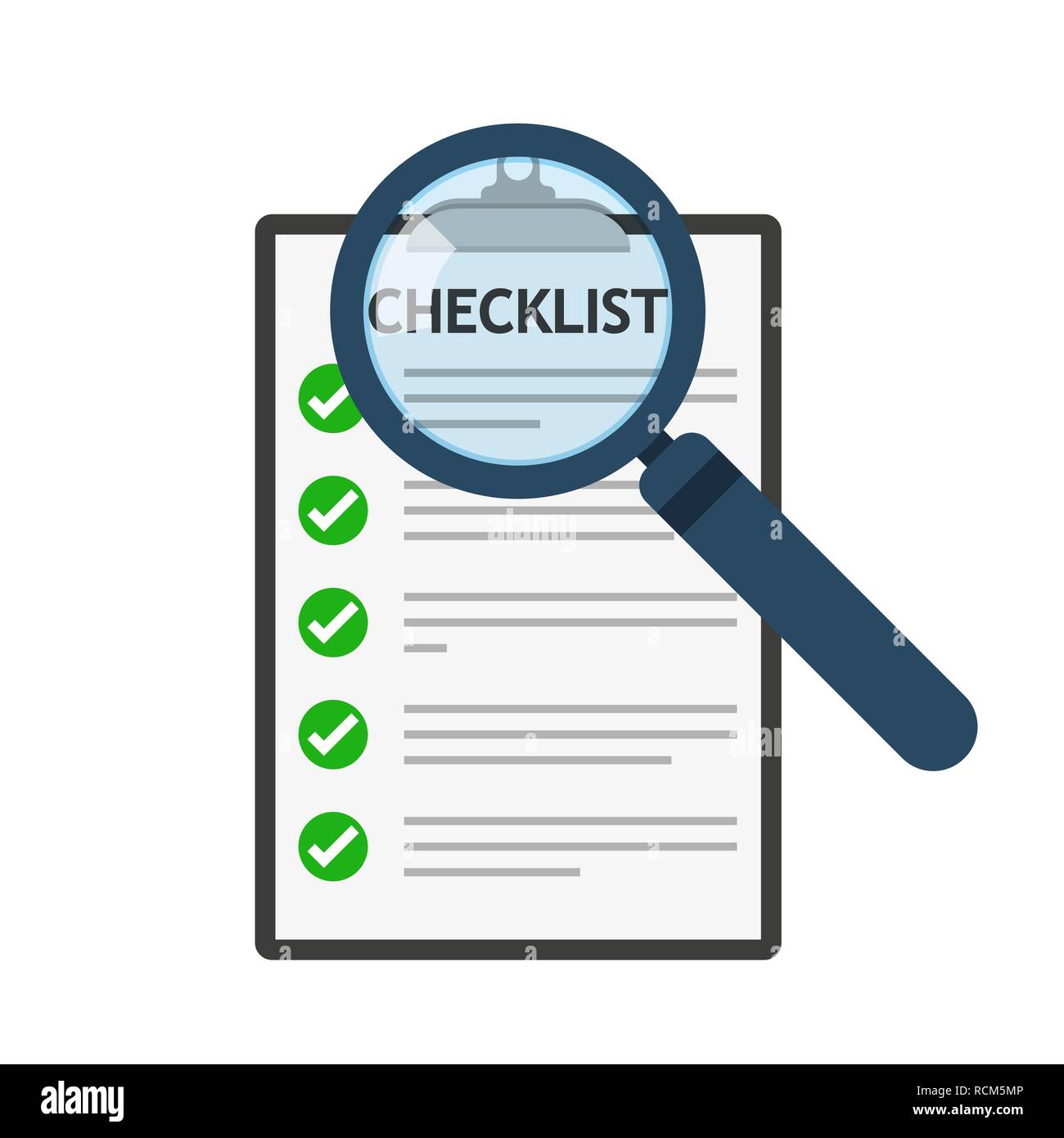 Magnifier and checklist icon in flat design. Vector illustration. Analytics concept Stock Vector