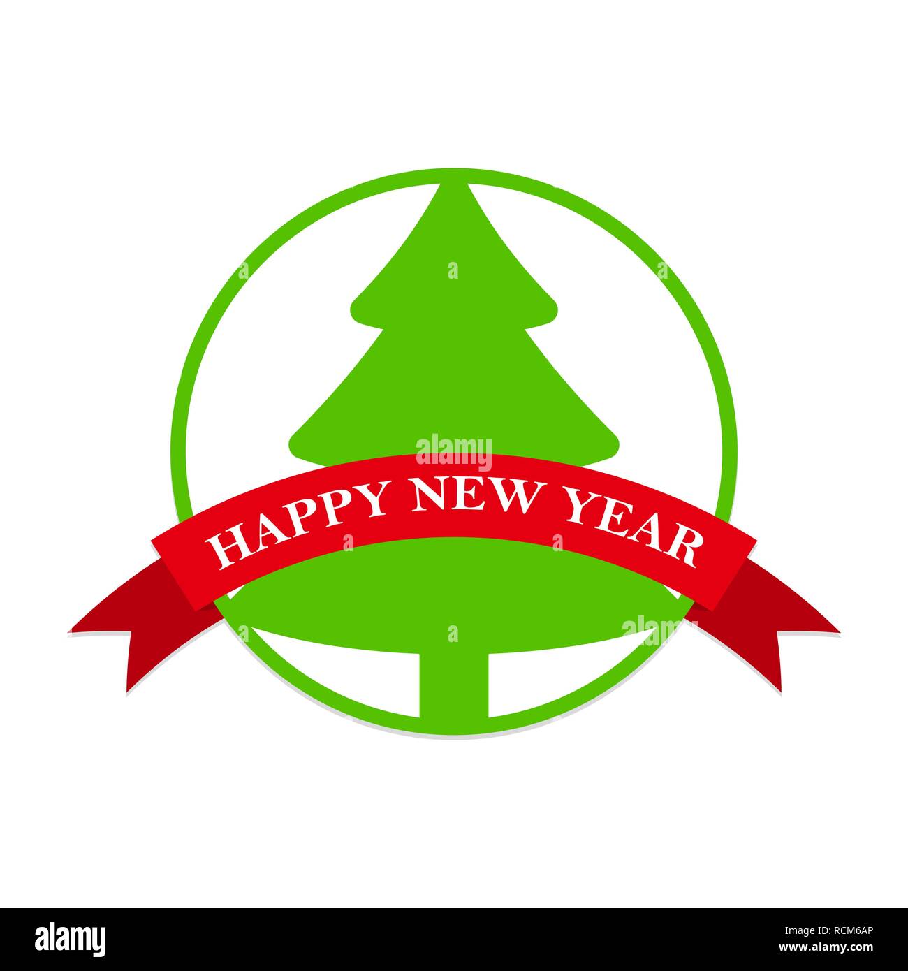 Happy New Year label with christmas tree and red ribbon. Vector ...