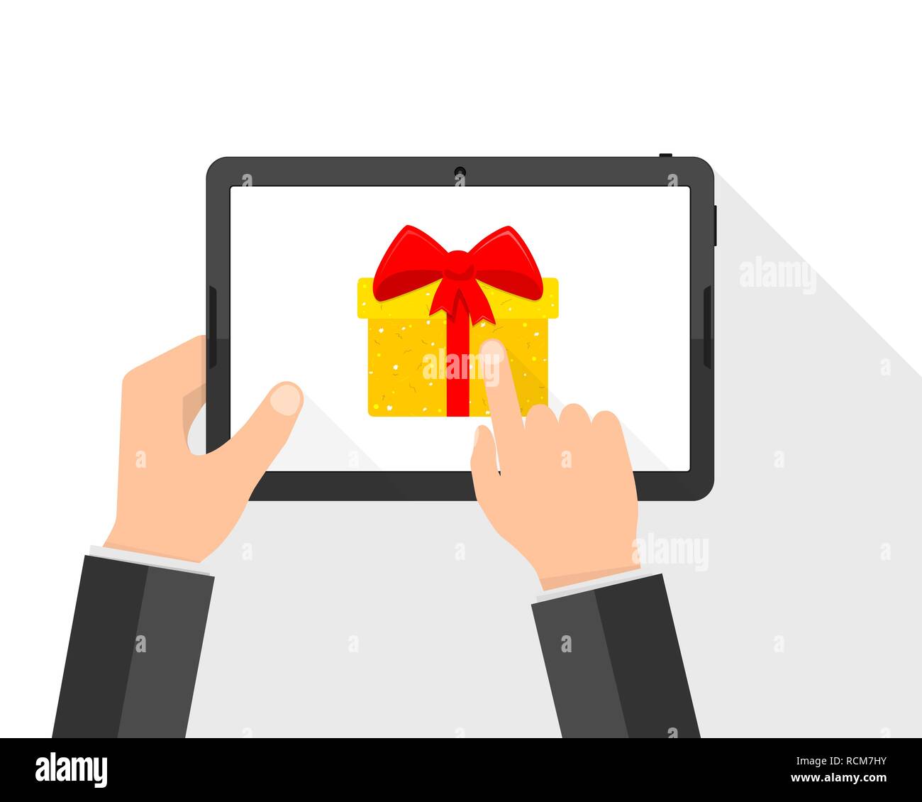 Hands of businessman with tablet and gift box on the screen. Vector illustration. Celebration concept Stock Vector