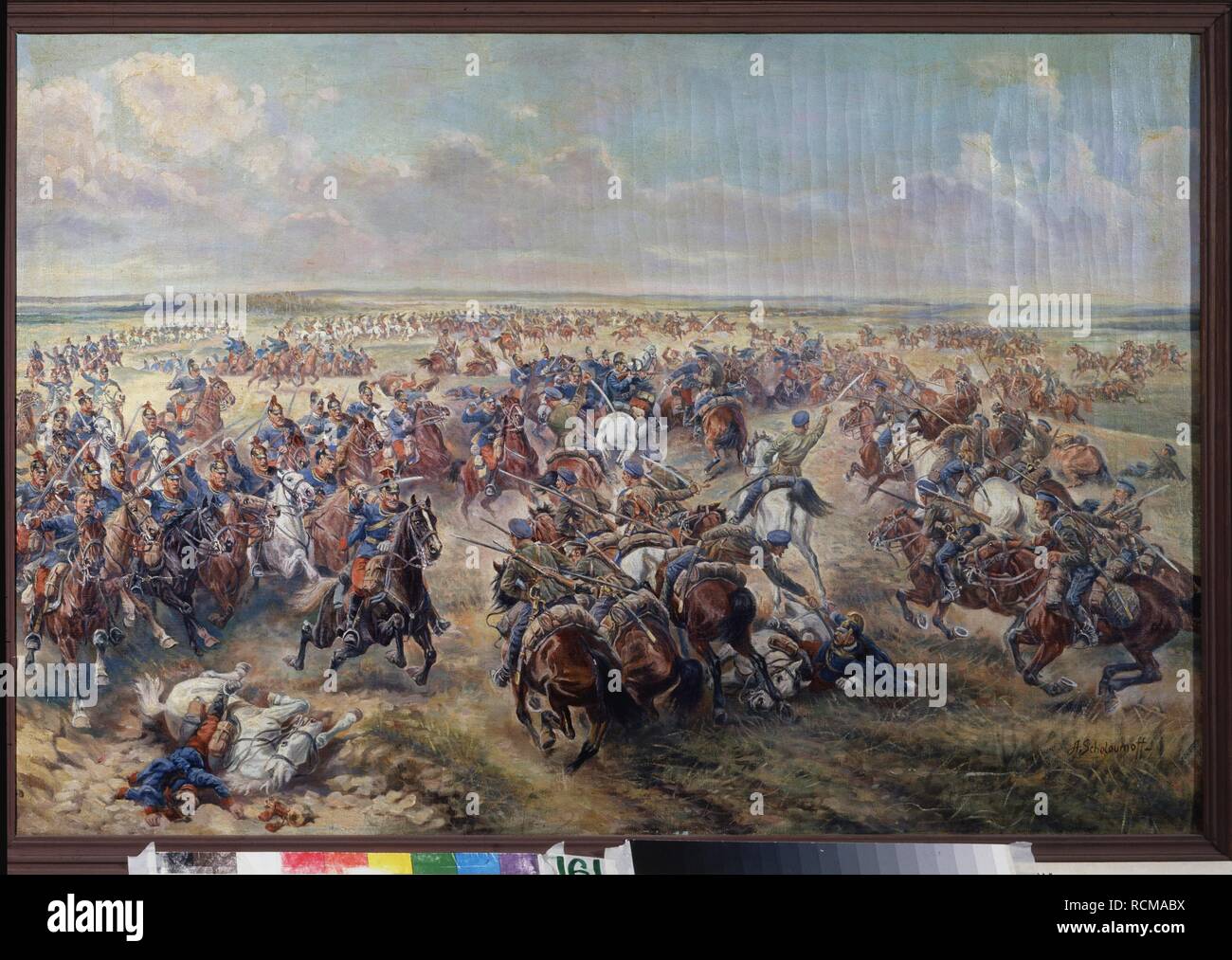 Fight between the Orenburg cossacks and Austrian uhlans. Museum: State Central Military Museum, Moscow. Author: Sheloumov, Afanasi Ivanovich. Stock Photo