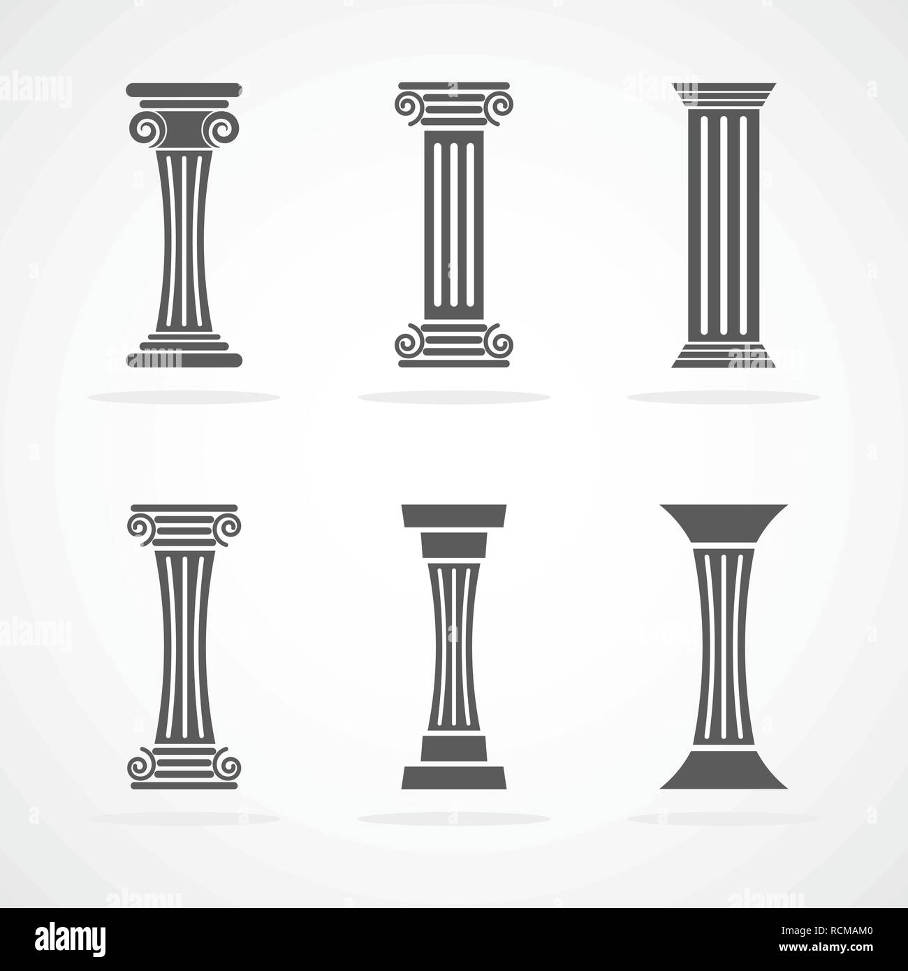 Antique column icons in flat design. Vector illustration. Gray roman column icons, isolated on light background Stock Vector