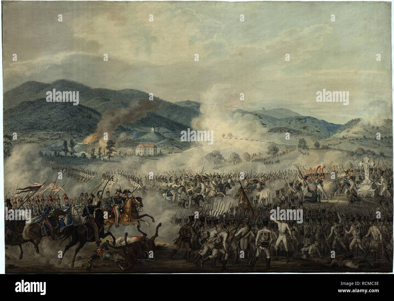 The battle between the Russian-Austrian and French troops. Museum: State History Museum, Moscow. Author: Habermann, Franz Edler, von. Stock Photo