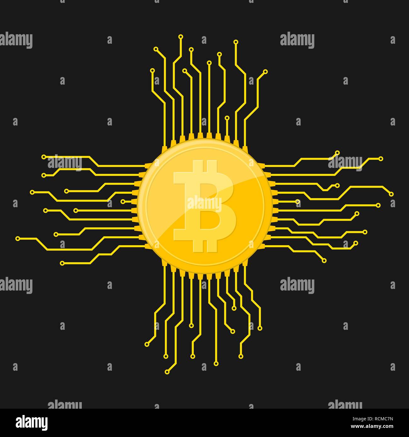 Bitcoin digital currency icon with circuit board elements. Vector illustration. Bitcoin icon in a flat designs. Stock Vector