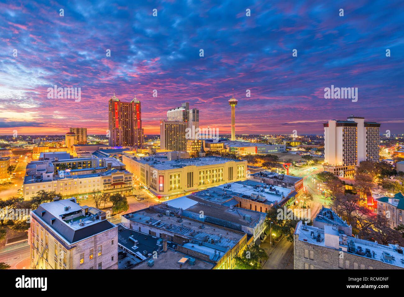 San Antonio, Texas, USA Skyline at dusk from above. Stock Photo