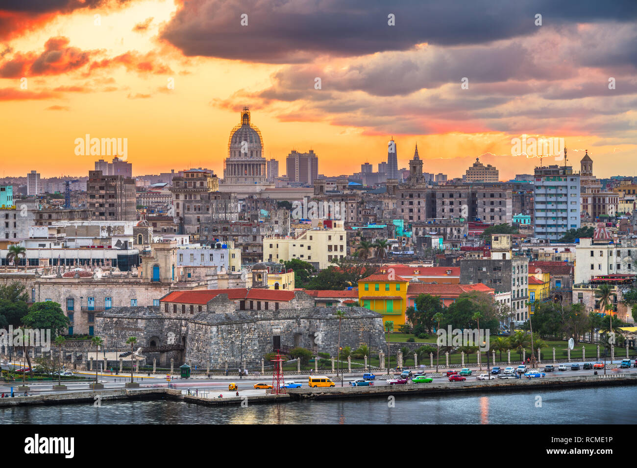 Havana, Cuba downtown skyline on the water just after sunset Stock