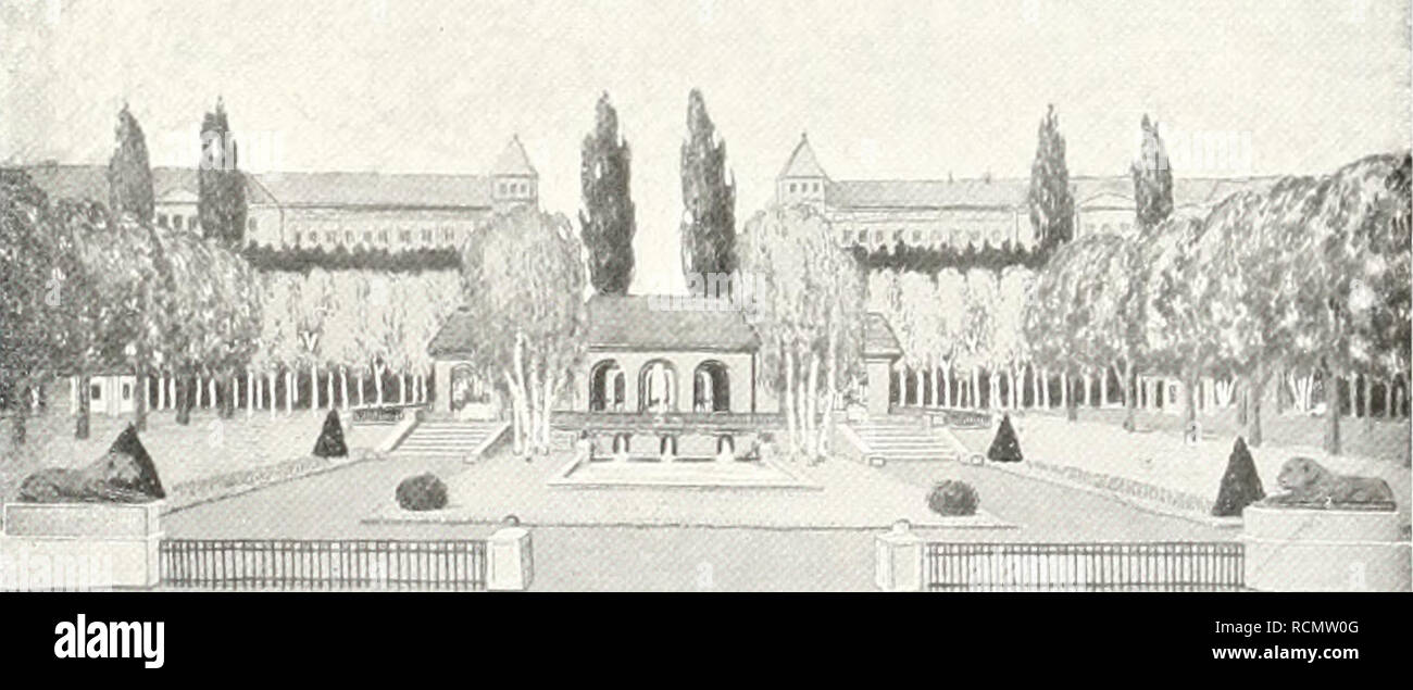 . Die Gartenkunst. Landscape gardening; Gardens -- Europe. eti- '{er - Ttfer Entwurf für den Feldherrnplatz in Dresden. (Lageplan. Von J. P. Grofemann, Dresden. reich an Farben und fein verteiltem Laub. Japan hat den europäischen Gärten mehr Pflanzen als irgend ein Land der Welt, namentlich an Deutschland, geliefert. Die Japaner kultivieren in ihren Gärten fast nur ostasiatische Pflanzen, während von den Hügeln ihres Landes schon seit 1X04 unsere Gärten zahlreiche Sträucher, Pirus, Lonicera, Azaleen und Deutzien u. a. erhielten. Der Wald ist von großer Ausdehnung in Japan,. Enu urf für den Fel Stock Photo