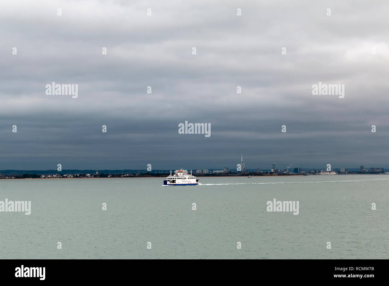 View looking towards Portsmouth from the Solent, showing the spinnaker tower. Stock Photo