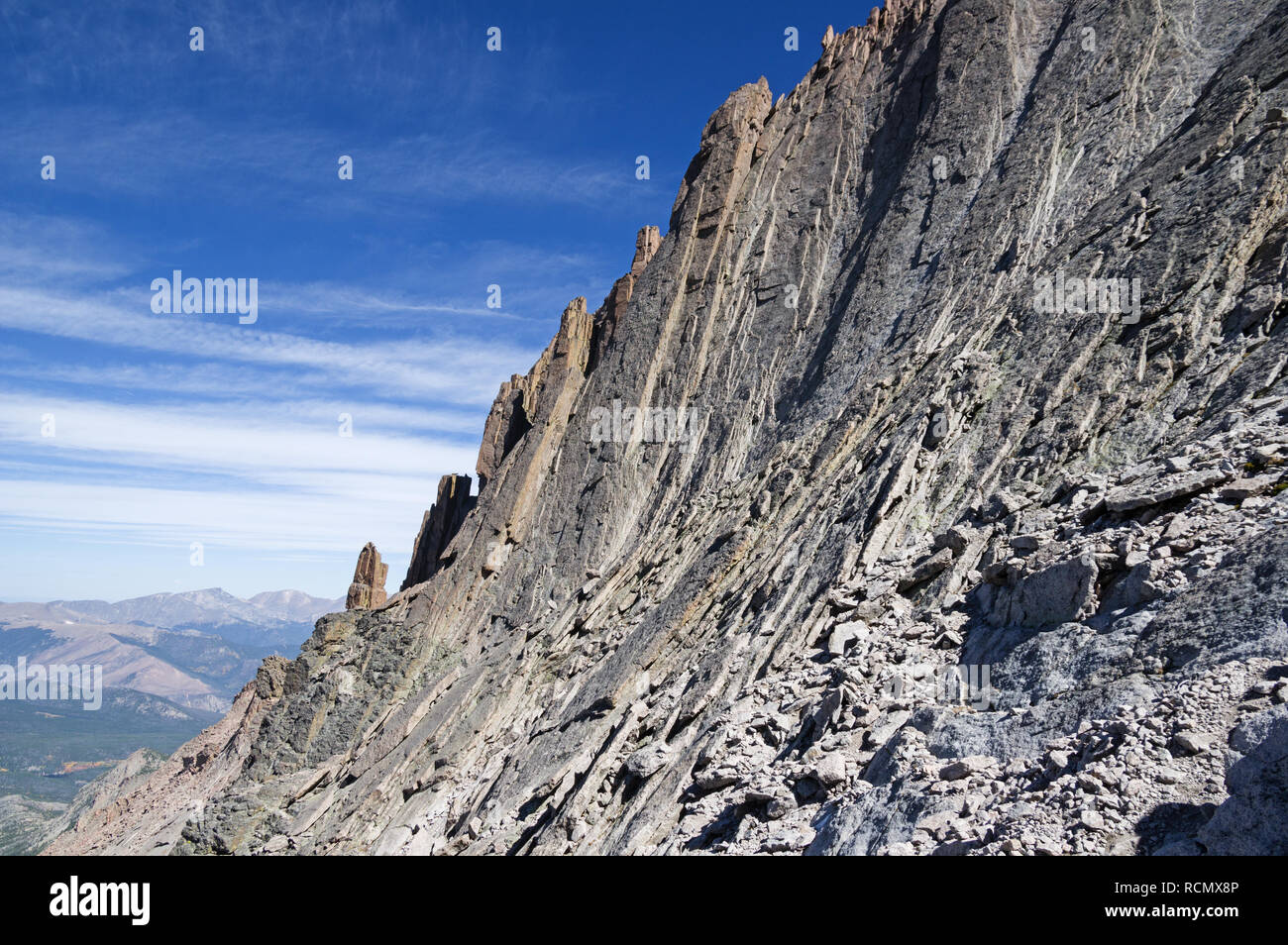 cliffs on Longs Peak above the trough on the Keyhole Route to the 14255 foot summit Stock Photo