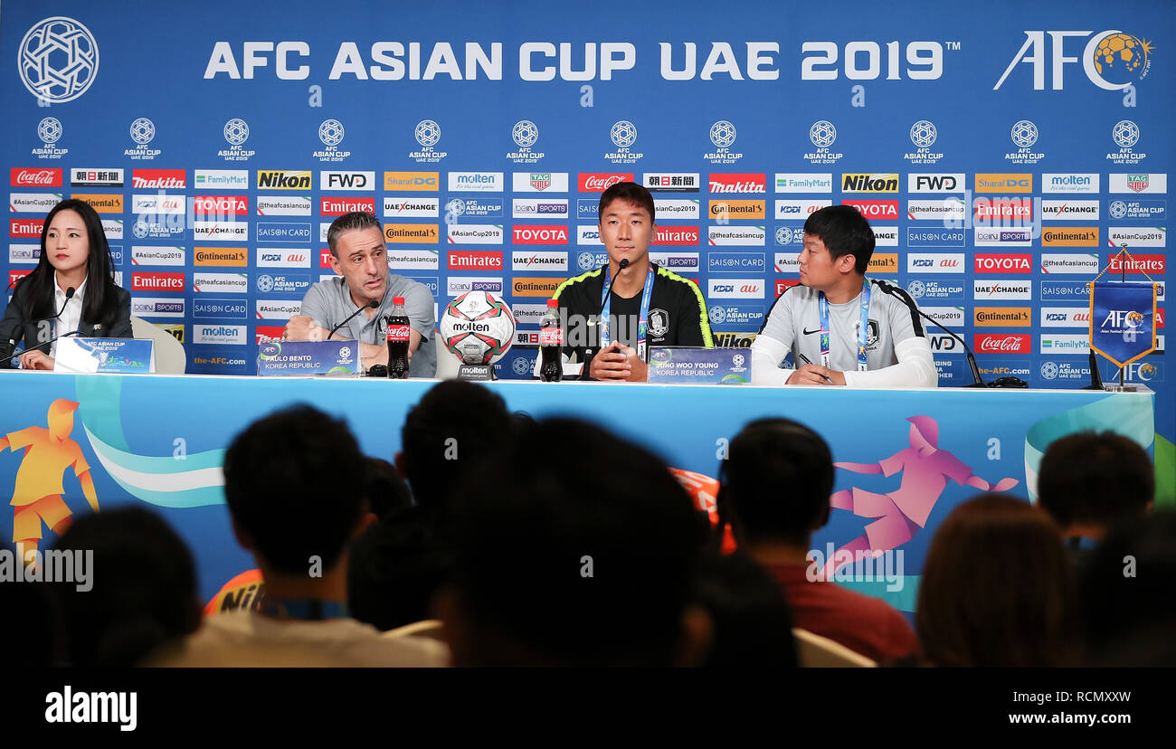 Abu Dhabi, United Arab Emirates. 15th Jan, 2019. Paulo Bento (2nd L), head coach of South Korea speaks during the press conference prior to the AFC Asian Cup UAE 2019 match against the China in Abu Dhabi, the United Arab Emirates, Jan 15, 2019. Credit: Cao Can/Xinhua/Alamy Live News Stock Photo