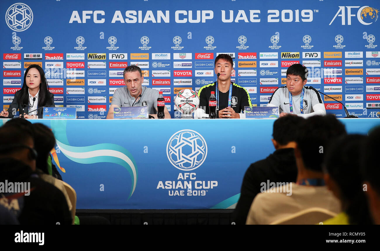 Abu Dhabi, United Arab Emirates. 15th Jan, 2019. Paulo Bento (2nd L), head coach of South Korea speaks during the press conference prior to the AFC Asian Cup UAE 2019 match against the China in Abu Dhabi, the United Arab Emirates, Jan 15, 2019. Credit: Cao Can/Xinhua/Alamy Live News Stock Photo