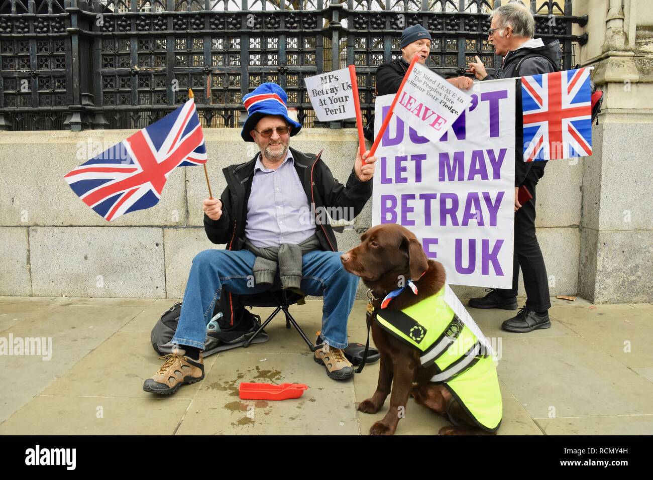 Brexiteers,Pro and Anti Brexit Protesters gathered outside Parliament on the day of Theresa May's meaningful vote.Houses of Parliament,Westminster,London.UK Stock Photo