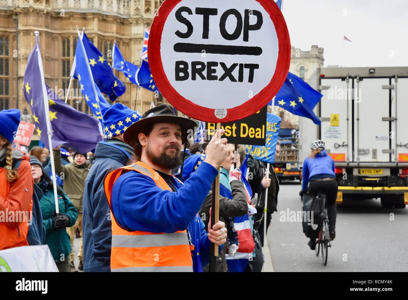Remainers,Pro and Anti Brexit Protesters gathered outside Parliament on the day of Theresa May's meaningful vote.Houses of Parliament,Westminster,London.UK Stock Photo