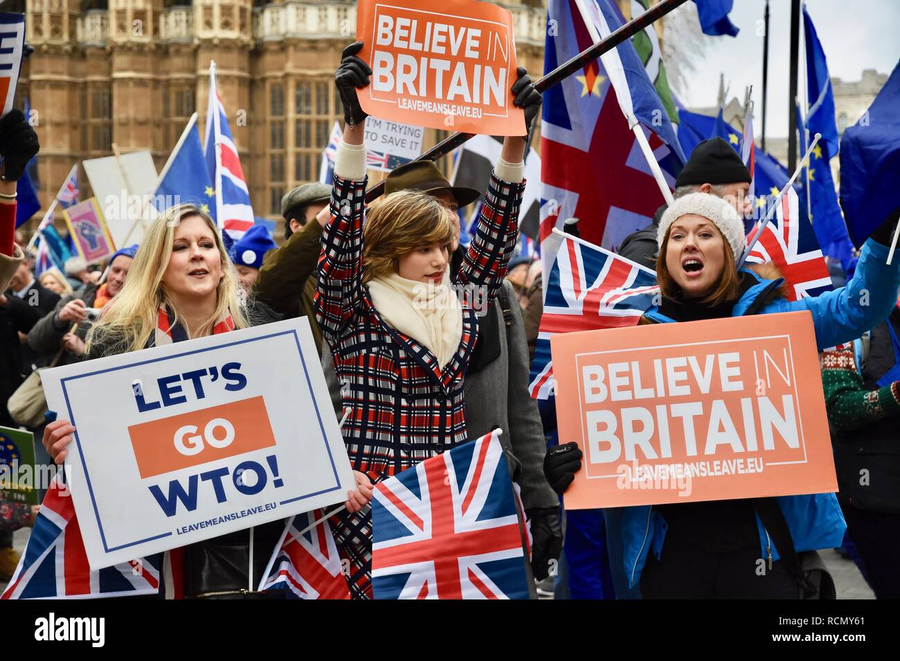 Brexiteers,Pro and Anti Brexit Protesters gathered outside Parliament on the day of Theresa May's meaningful vote.Houses of Parliament,Westminster,London.UK Stock Photo