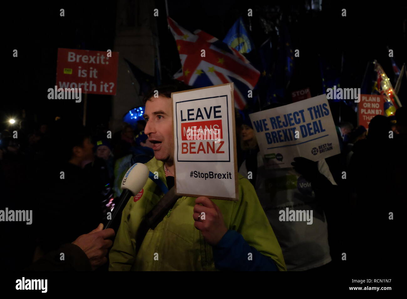 London, UK. 15th Jan 2019. Leave and Remain supporters as well as politicians, media and religious doomsayers gather outside Parliamnet Credit: Rachel Megawhat/Alamy Live News Stock Photo