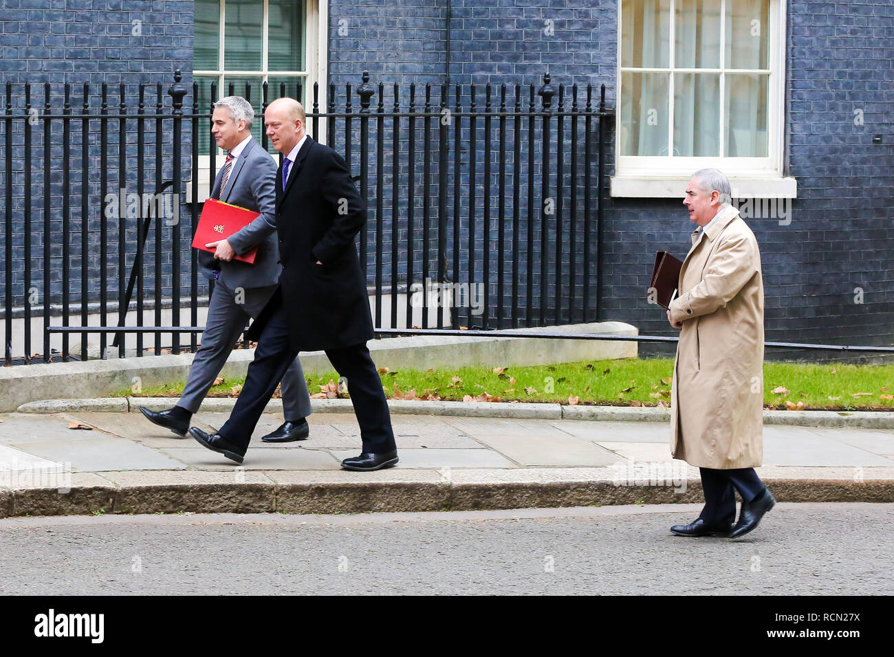 London, UK. 15th Jan, 2019. Stephen Barclay- Brexit Secretary (L), Chris Grayling - Secretary of State for Transport (C) and Geoffrey Cox - Attorney General (R) are seen on their arrival at the Downing Street to attend the weekly Cabinet Meeting.Later this evening, after five days of debate, MPs will vote on the British Prime Minister Theresa May's EU Withdrawal deal. Credit: Dinendra Haria/SOPA Images/ZUMA Wire/Alamy Live News Stock Photo