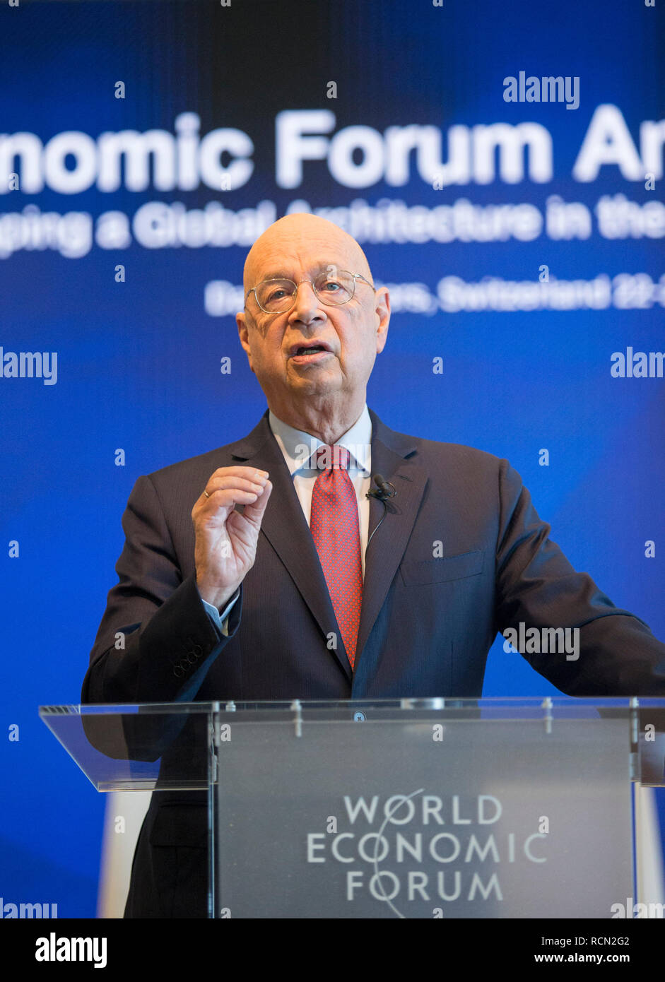 Geneva, Switzerland. 15th Jan, 2019. World Economic Forum (WEF) founder Klaus Schwab speaks at a press conference at the WEF headquarters in Geneva, Switzerland, Jan. 15, 2019. The world is entering a period of 'profound instability' due to the technological disruption of the Fourth Industrial Revolution and geo-economic and geopolitical realignment, Klaus Schwab said Tuesday. The forum's 2019 annual meeting will take place in Davos-Klosters, Switzerland from Jan. 22 to 25. Credit: Xu Jinquan/Xinhua/Alamy Live News Stock Photo