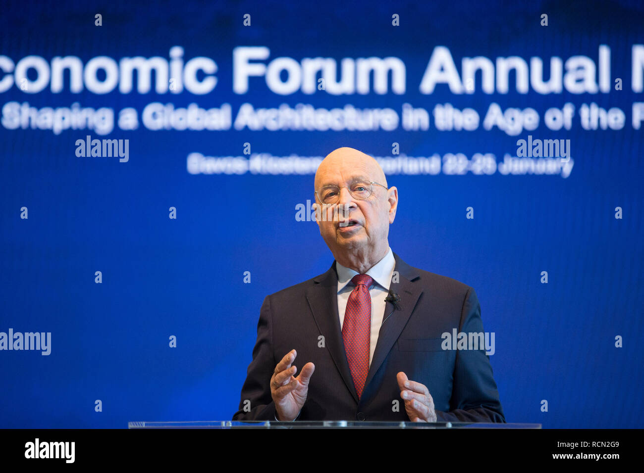 Geneva, Switzerland. 15th Jan, 2019. World Economic Forum (WEF) founder Klaus Schwab speaks at a press conference at the WEF headquarters in Geneva, Switzerland, Jan. 15, 2019. The world is entering a period of 'profound instability' due to the technological disruption of the Fourth Industrial Revolution and geo-economic and geopolitical realignment, Klaus Schwab said Tuesday. The forum's 2019 annual meeting will take place in Davos-Klosters, Switzerland from Jan. 22 to 25. Credit: Xu Jinquan/Xinhua/Alamy Live News Stock Photo