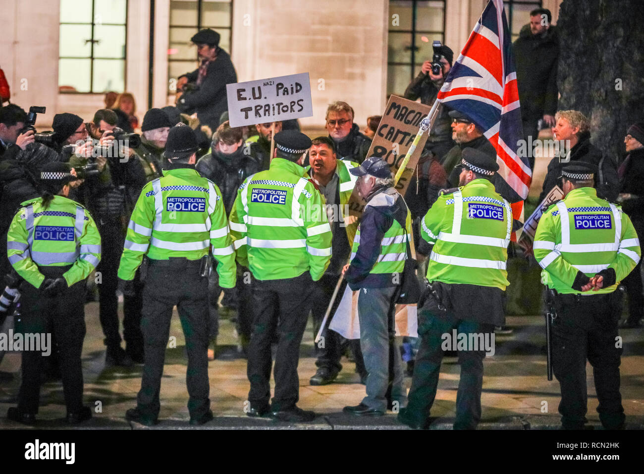 Westminster, London, UK, 15th Jan 2019. Brexit supporting protesters have been surrounded by Police near Parliament Square. Pro and Anti Brexit protesters rally in Parliament Square and at the Houses of Parliament in Westminster ahead of and during the vote on Theresa May's Brexit deal. Credit: Imageplotter News and Sports/Alamy Live News Stock Photo