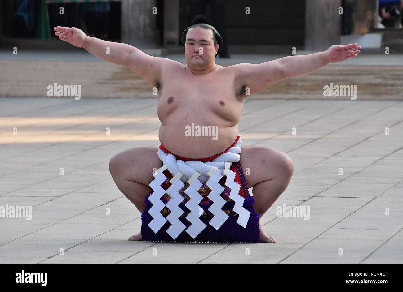 Japanese grand sumo champion Yokozuna Kisenosato performs a ring ...
