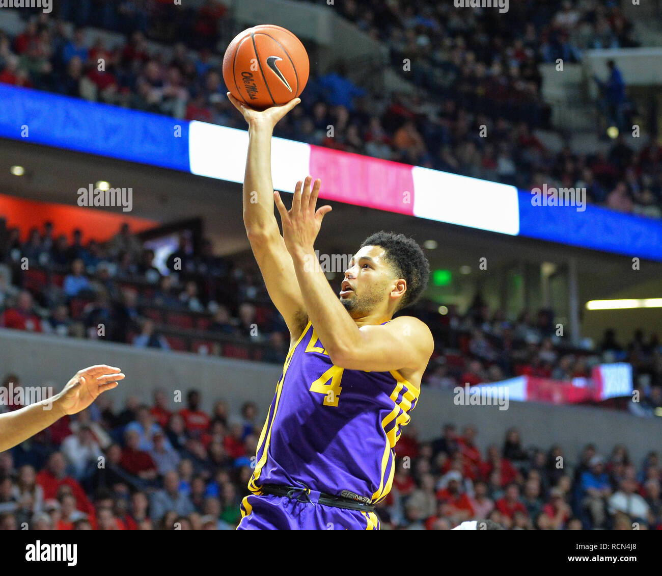 Oxford, MS, USA. 15th Jan, 2019. LSU guard, Skylar Mays (4), drives to the  basket during the NCAA basketball game between the LSU Tigers and the Ole'  Miss Rebels at the Pavillion