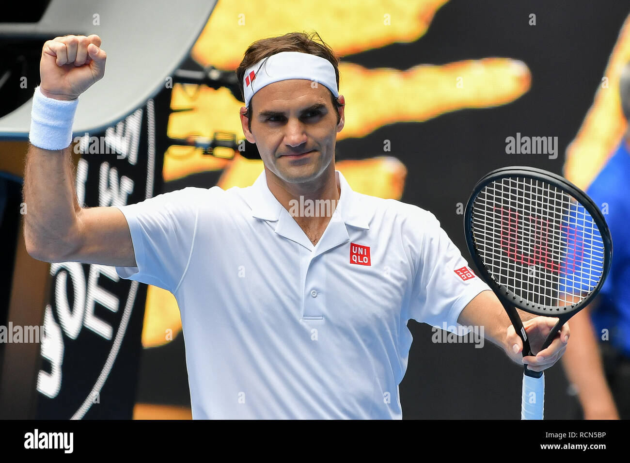 Melbourne, Australia. 16th Jan 2019. January 16, 2019: 3rd seed Roger  Federer of Switzerland celebrates his win in the second round match against  Daniel Evans of the United Kingdom on day three