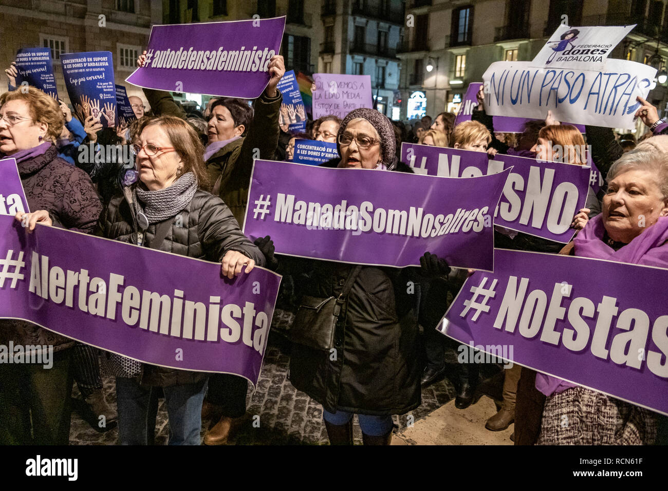 Various women are seen holding placards during the demonstration. Women gathered in the streets of Barcelona to protest against Vox, the far-right Spanish political party who repealed legislation on combating violence against women. Stock Photo