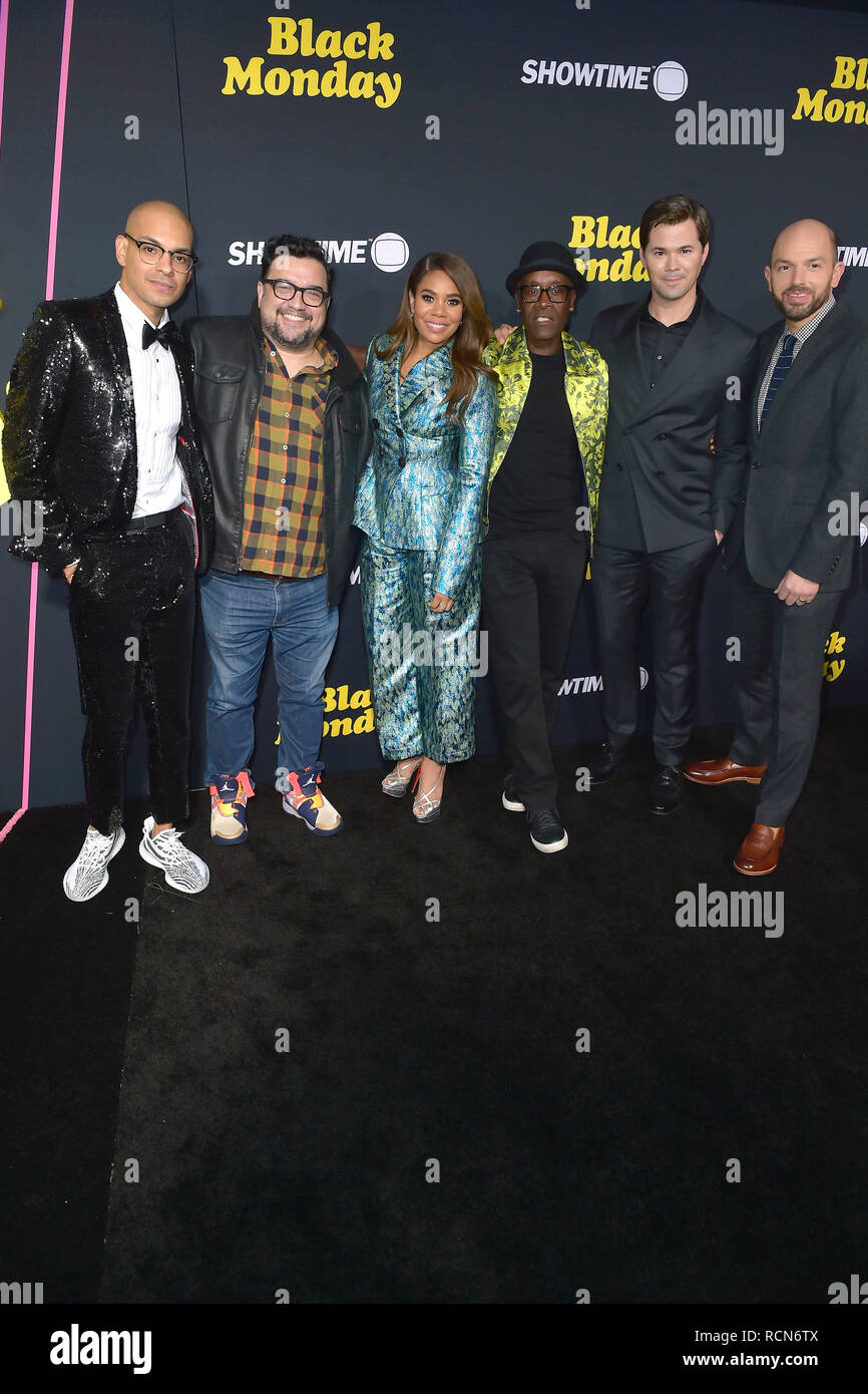 Los Angeles, USA. 14th Jan, 2019. Yassir Lester, Horatio Sanz, Regina Hall, Don Cheadle, Andrew Rannells and Paul Scheer at the premiere of the Showtime TV series 'Black Monday' at the Theater at Ace Hotel. Los Angeles, 14.01.2019 | usage worldwide Credit: dpa/Alamy Live News Stock Photo