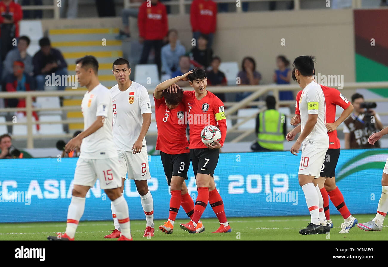 (190116) -- ABU DHABI, Jan. 16, 2019 (Xinhua) -- Son Heung-Min (L4) and Kim Jin-Su of South Korea celebrate their team's goal during the 2019 AFC Asian Cup group C match between South Korea and China in Abu Dhabi, United Arab Emirates, Jan. 16, 2019. (Xinhua/Cao Can) Stock Photo