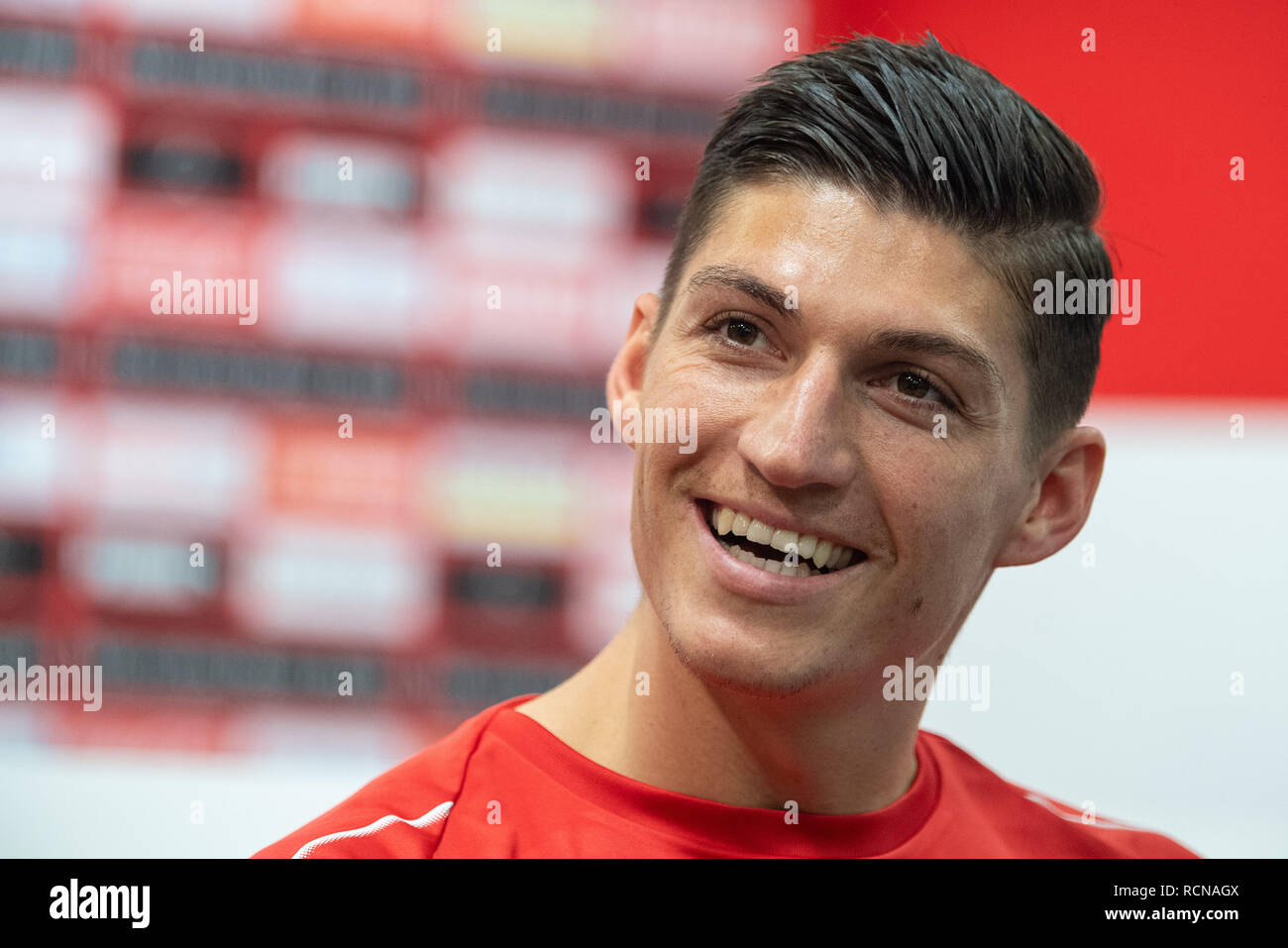 Stuttgart, Germany. 16th Jan, 2019. Steven Zuber, new player at VfB Stuttgart, speaks during a press conference. VfB has borrowed Zuber from TSG Hoffenheim for the second half of this season. Credit: Sebastian Gollnow/dpa/Alamy Live News Stock Photo