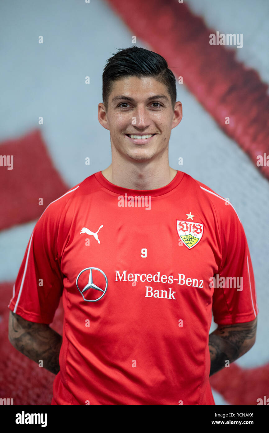 Stuttgart, Germany. 16th Jan, 2019. Steven Zuber, new player at VfB Stuttgart, stands in front of the club's logo during a press conference. VfB has borrowed Zuber from TSG Hoffenheim for the second half of this season. Credit: Sebastian Gollnow/dpa/Alamy Live News Stock Photo